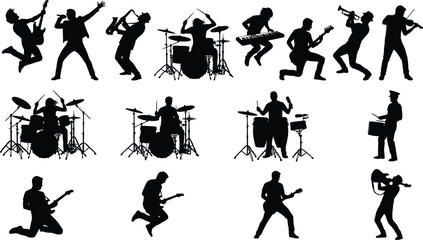 Obraz premium Musician Silhouette Icon Collection Featuring Guitarists, Drummers, Saxophone, Trumpet, Violin, Keyboard, and Percussion Performers