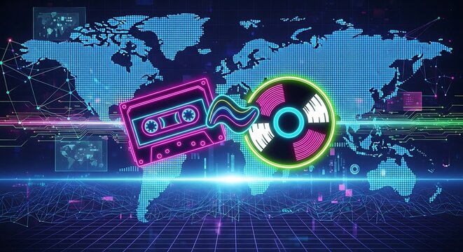 Futuristic Digital Music and Technology Visualization with Neon Elements.