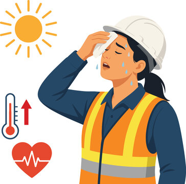 Vector flat design illustration of female construction worker suffering from heatstroke for safety awareness posters