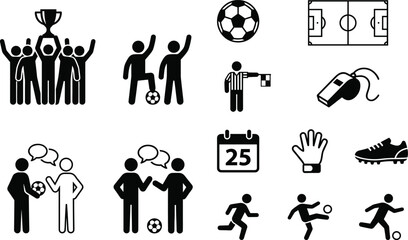 Soccer silhouettes with players, referee, equipment, teamwork, and game action icons for sports illustration collection © MDMUNTASSER