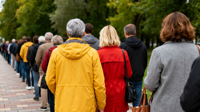 Diverse crowd of people queuing outdoors, patiently waiting in a long line, viewed from behind showing their backs in an orderly fashion