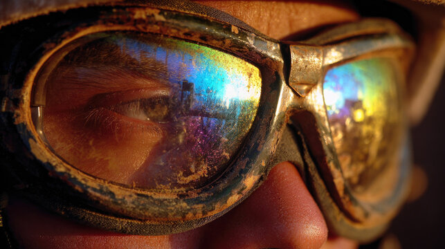 Military convoy crossing deserted wasteland concept. Close-up of reflective goggles with unique colors and textures.