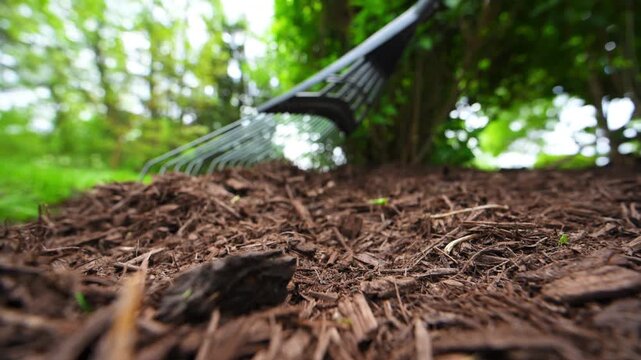 Landscaper raking fresh mulch around bushes in residential garden. Lawn care and yard maintenance work in suburban backyard during spring season. Close up