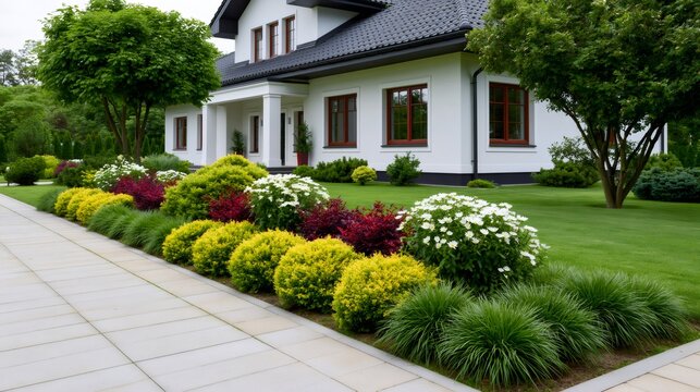 White house with colorful garden landscaping and green lawn