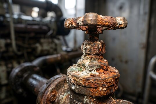 Macro texture of marine engine valve with sea salt crystals and rust