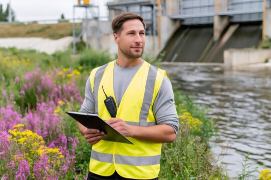 Engineer checking dam infrastructure and water management