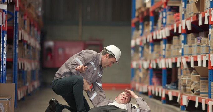 Warehouse Worker Helps Injured Coworker After Safety Accident