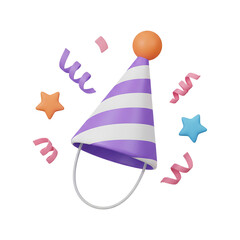 Obraz premium Purple striped party hat with colorful confetti and stars illustration.