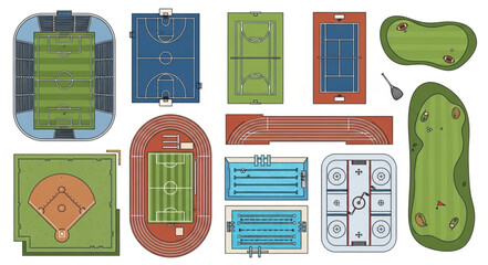 Collection of Sports Stadiums and Fields Top Down View. © Jayadi