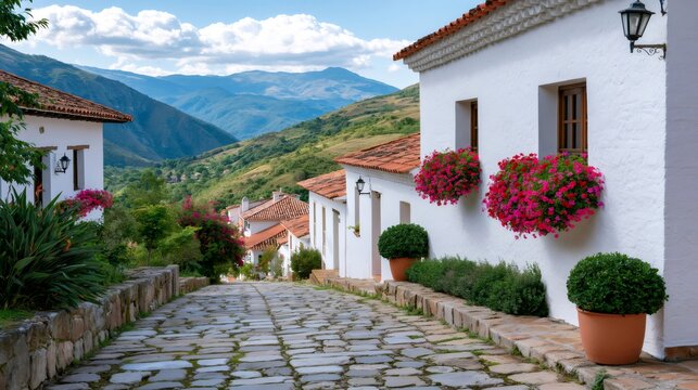 Barichara, Colombia colonial village street with mountains