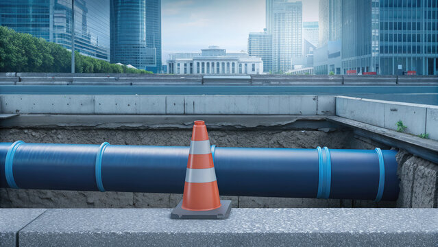 Underground utility network below city concept. Construction site with a warning cone near an open pipe trench.