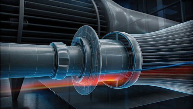 Rotating airplane engine wireframe view concept. Detailed close-up of a futuristic turbine engine component.