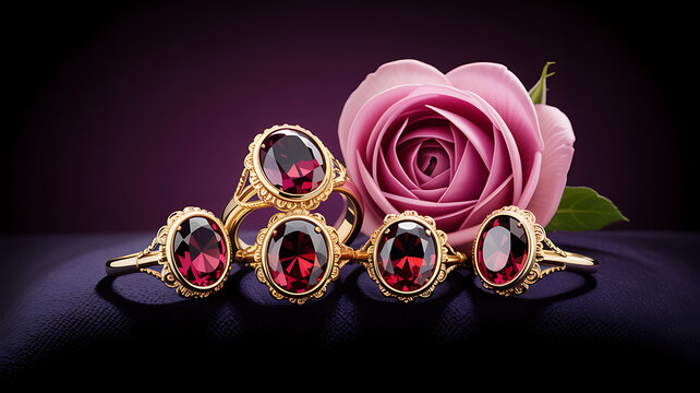 Luxury gold bracelet with pink gemstones and rose on elegant dark background