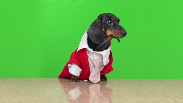 Adorable black dachshund dog wearing red shirt with pink striped tie sitting on reflective surface against green chroma key background, manager pet concept.
