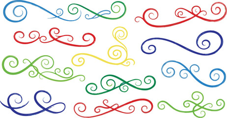 Naklejka premium A vibrant collection of hand-drawn calligraphic swirls and ornamental flourishes in red, blue, green, and yellow, isolated on a white background.
