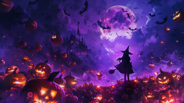 ハロウィンナイト。大きく幻想的な紫の月夜、無数の蝙蝠が飛び交い遠くに見える城。敷き詰められたジャックオーランタンの上に魔女の女の子が佇んでいる。