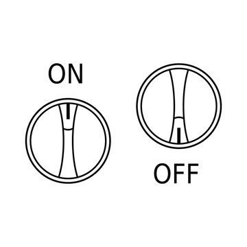 Minimalist ON and OFF rotary knob switch outline icon. Black and white line art control dial symbol vector illustration. Round toggle switch on off icon.