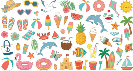 summer themed illustrations and icons on a white background © Sourav