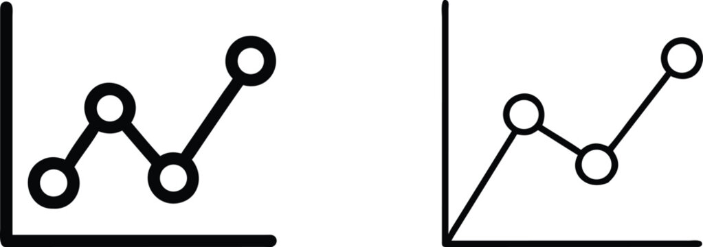 Financial line chart icons set showing growth trends with circular points on coordinate axis for business monitoring.