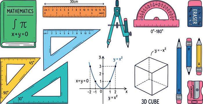 Mathematics school supplies and geometry education equipment set with textbook ruler compass protractor and drawing tools for students vector illustration