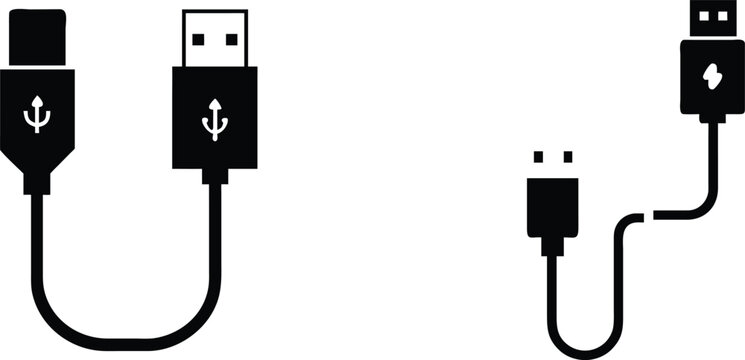 Usb cable connection icons set showing charging and data transfer plug types for mobile devices and computer hardware.