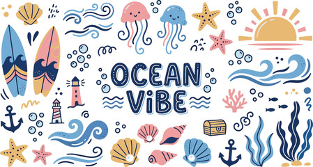 Hand Drawn Ocean Vibe Collection with Cute Sea Creatures Surfboards Shells Lighthouse and Marine Summer Elements Set Hand Drawn Vector Illustration © Kanon Islam