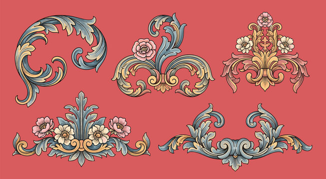 Baroque ornament. Vintage floral border elements, engraved leaves and frame filigree arabesque. Vector decorative vintage ornamental set for decorative illustration or engraving
