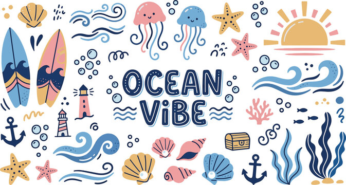 Hand Drawn Ocean Vibe Collection with Cute Sea Creatures Surfboards Shells Lighthouse and Marine Summer Elements Set Hand Drawn Vector Illustration