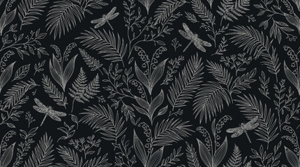 Dark Monochrome Botanical Pattern Featuring Dense Leaves and Fronds on a Textured Background. © pixmastock