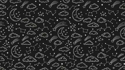 Whimsical Celestial Doodle Pattern on Dark Fabric with Stars, Planets, and Moons. © pixmastock