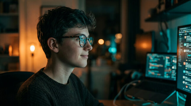 Teenage programmer with glasses working on computer at night with glowing screens