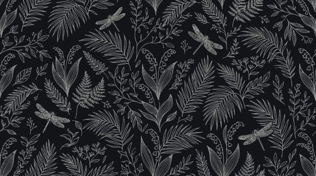 Dark Monochrome Botanical Pattern Featuring Dense Leaves and Fronds on a Textured Background.