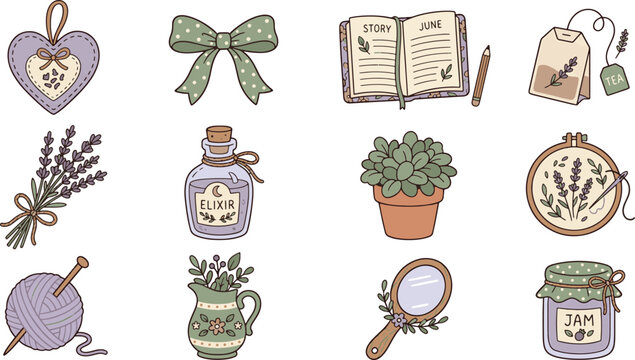 Cottagecore lifestyle hand drawn doodle icons with lavender flowers magic elixir jam jar and cozy knitting hobby elements vector illustration