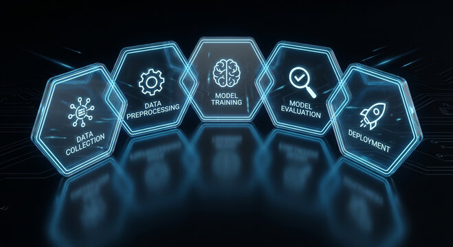 AI workflow process diagram with glowing hexagonal icons for data collection, preprocessing, training, evaluation, and deployment in a modern cyber interface design for business IT content.