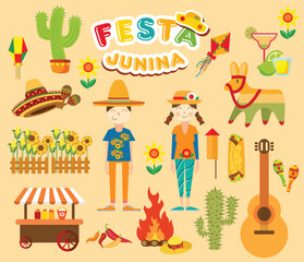 Fototapeta premium festive festa junina illustration with traditional elements colorful vector graphics on a beige background