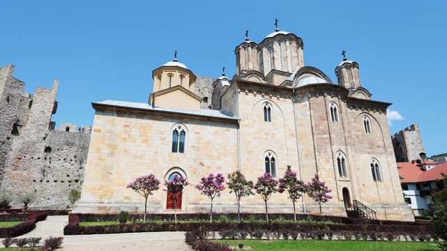 Church of Holy Trinity in courtyard of Manasija Monastery in summer 