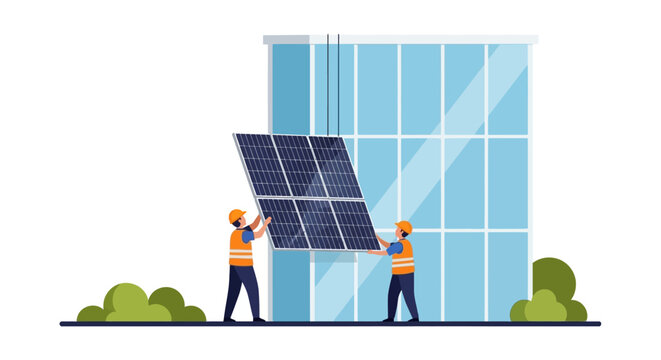 Two workers installing solar panels on a modern building for renewable energy