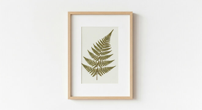 Framed botanical print of a fern leaf hanging on a white wall