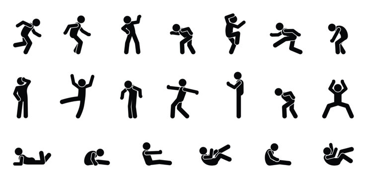 stick figure, set of icons people, basic movement, man poses, pictogram human silhouettes	
