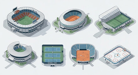 Collection of diverse sports stadiums and arenas isometric illustrations. © Dodi