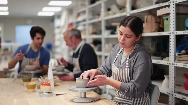 Young woman pottery workshop workers sculpt from raw clay. High quality 4k footage