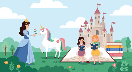 Fototapeta premium Fairy tale scene with princess, unicorn, and children reading books in front of a magical castle for kids storybook illustration.