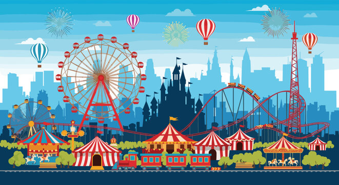 Colorful amusement park landscape at sunset featuring a ferris wheel roller coaster and circus tents with a city skyline background.