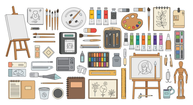 Comprehensive collection of art studio supplies including an easel canvases paint tubes brushes and a wooden mannequin for drawing.