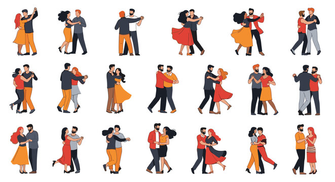 Diverse collection of many joyful couples dancing in various styles and poses representing celebration energy and rhythmic movement.