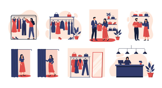 Shopping people in clothing boutique scenes featuring fitting rooms, customer service, and clothing racks in flat vector illustration.