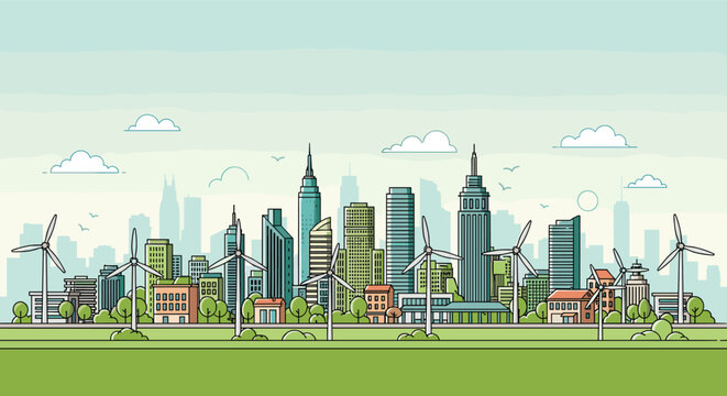 Modern sustainable city skyline features eco-friendly skyscrapers and wind turbines integrated into a green urban environment for clean energy.