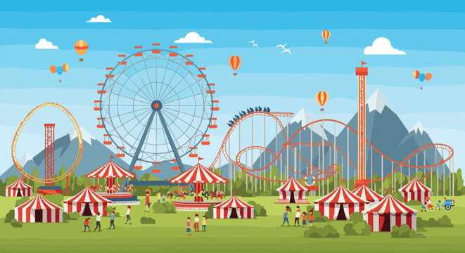 Vibrant amusement park landscape featuring ferris wheel, roller coaster, carousel, and circus tents with mountains in the background.