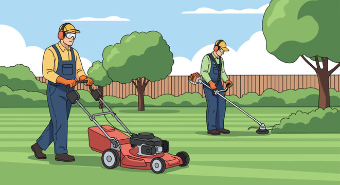 Two professional groundskeepers perform routine garden maintenance by mowing the grass and using a string trimmer along a residential fence.
