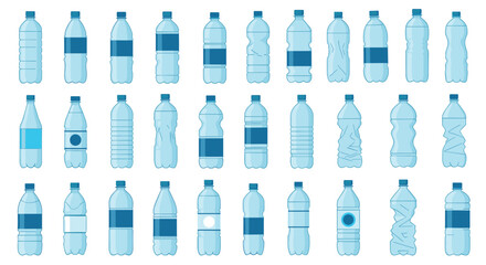 Fototapeta premium Collection of various plastic water bottles with different shapes and blue labels isolated on a white background for recycling concept.